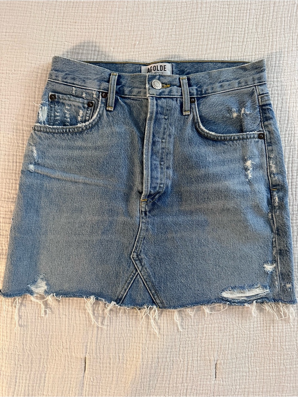 AGOLDE Quinn High Rise Denim Skirt in light wash Blue color SWAMPMEET Size 24